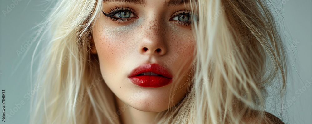 Fototapeta premium Long haired blonde model with strict face and amazing makeup, ai technology