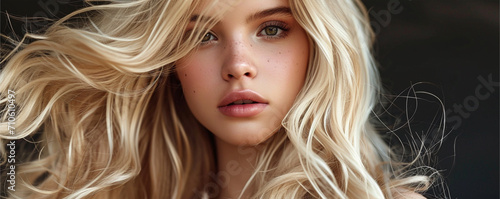 Long haired blonde model with strict face and amazing makeup  ai technology