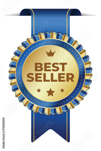 Best seller sticker label with gold medal and blue ribbon. Best seller product label. Best seller golden label badge