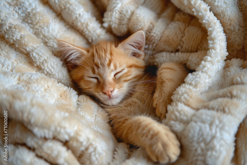 close up of a Cat sleeping on blanket