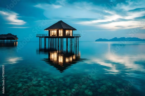 The lone overwater bungalow, its stilts reflected flawlessly on the tranquil, mirror-like ocean, creating a picture-perfect scene of serene solitude.