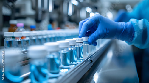 The hand is wearing blue sanitary gloves and is carefully inspecting a row of medical vials that are moving along a conveyor belt