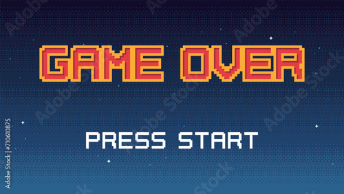 Pixel art Game Over screen with starry sky on background. 8-bit retro video arcade style Game Over backdrop screen with Press Start button. photo