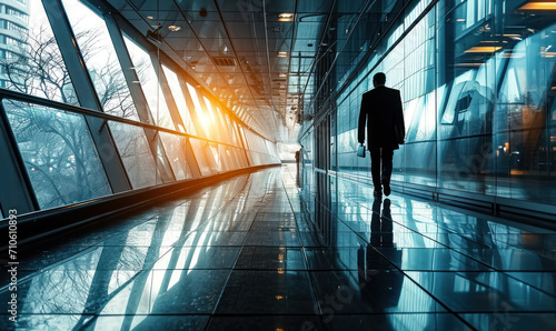 Silhouette of a solitary businessman walking through a modern glass corridor in a corporate building, symbolizing corporate progress and future opportunities