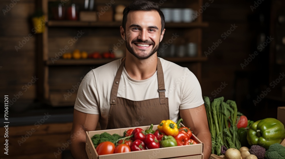 A young smiling shop worker holding a shopping basket in his hands. Horizontal banking for web. Photo AI Generated A young smiling shop worker holding a shopping basket in his hands. Horizontal banking for web. Photo AI Generated