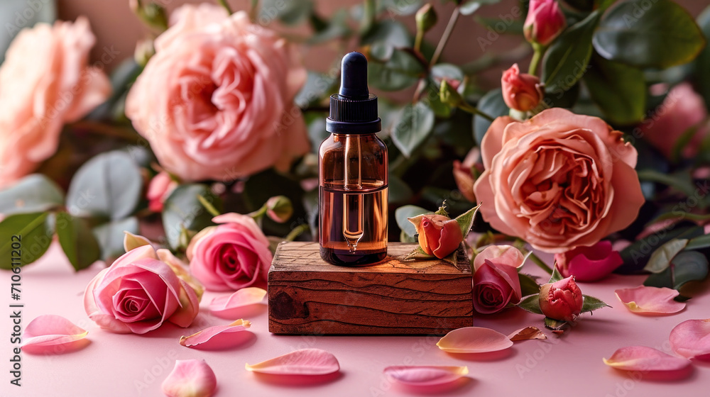 Elegant rose essential oil in amber glass dropper bottle on wooden block, surrounded by soft pink rose petals and leaves on a pastel background Elegant rose essential oil in amber glass dropper bottle on wooden block, surrounded by soft pink rose petals and leaves on a pastel background