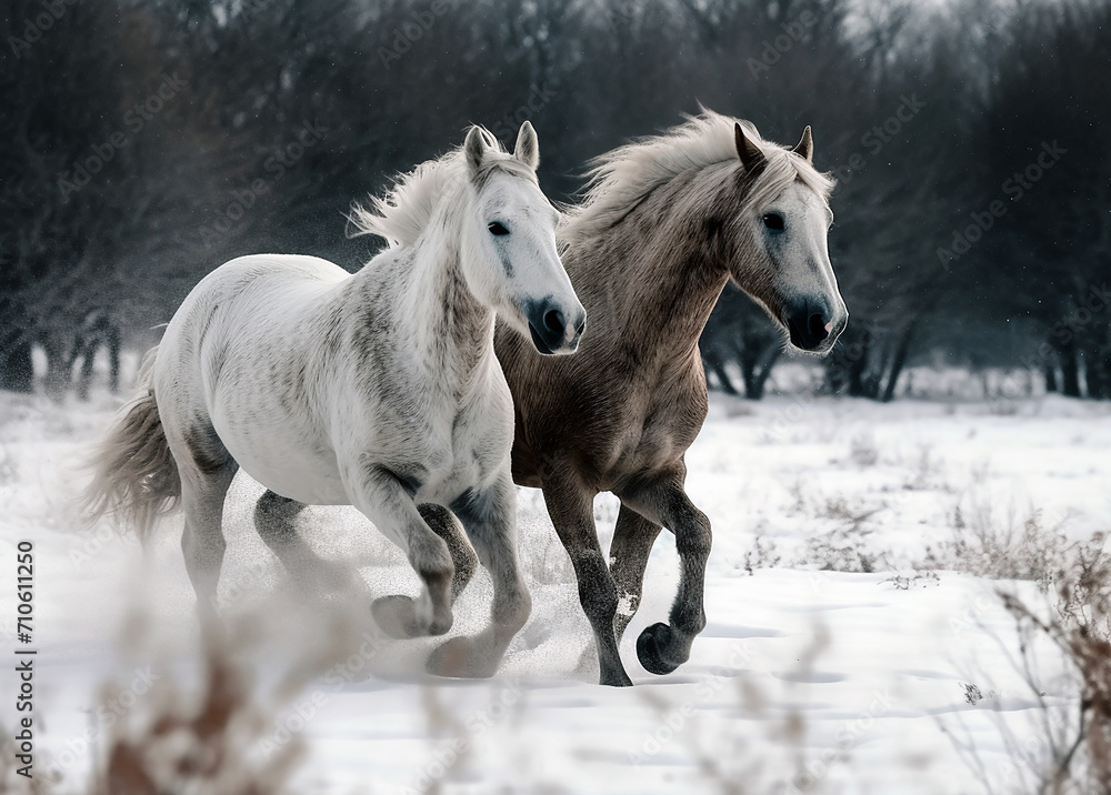 -1 two horses running in a snowy, generative ai -1 two horses running in a snowy, generative ai