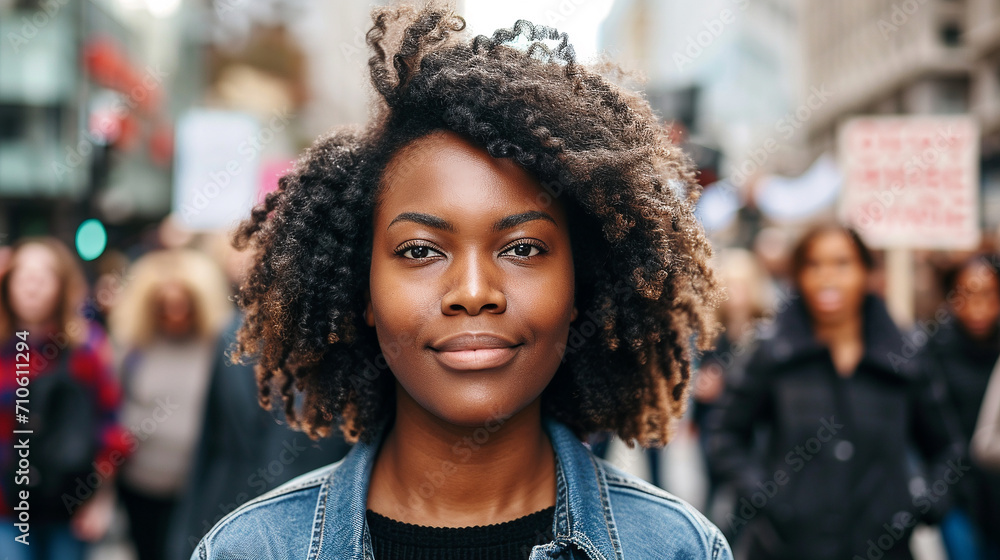 Portrait of a black woman marching in protest with a group of people on a city street Portrait of a black woman marching in protest with a group of people on a city street