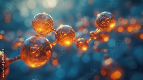 a molecular structure. The visual highlights the spherical atoms connected by bonds, with a focus on one part of the molecule  © Phimchanok