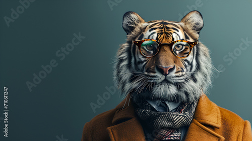  A tigger a snazzy jacket and tie. Stylish glasses complete its cool look.Poses like a top supermodel. best for advertisement banner Wide banner with space for text. generative ai photo