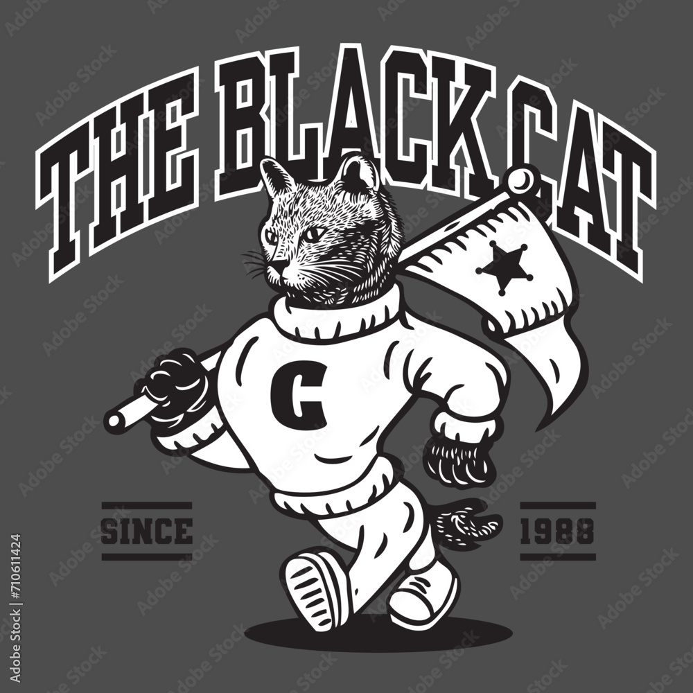 The Black Cat Mascot Character Design in Sport Vintage Athletic Style Hand Drawing Vector