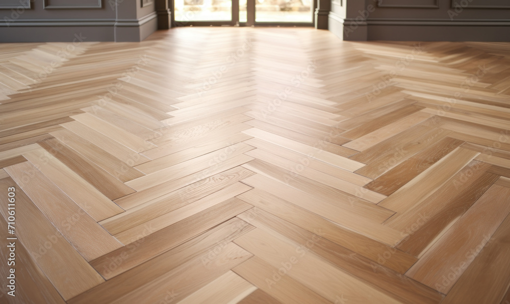 Sophisticated herringbone pattern parquet wood floor, showcasing the elegance of traditional craftsmanship in contemporary interior design - obrazy, fototapety, plakaty 