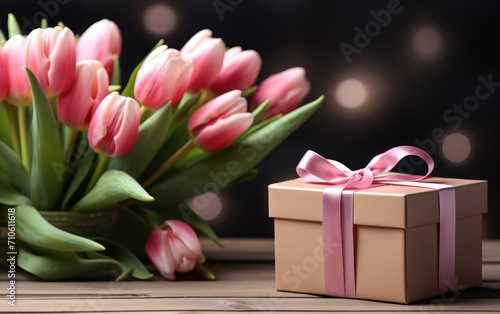 Elegant pink gift box tied with a satin ribbon bow next to fresh pink tulips on a wooden surface with a soft-focus background © Bartek