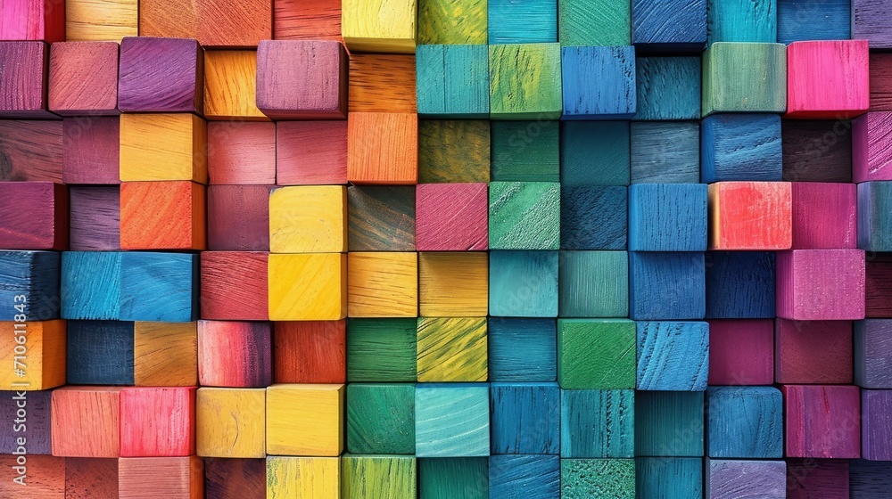 Colorful wooden blocks laid out to depict a digital pixel art scene background Colorful wooden blocks laid out to depict a digital pixel art scene background