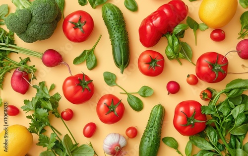Healthy vegetables on a pastel color background, top view