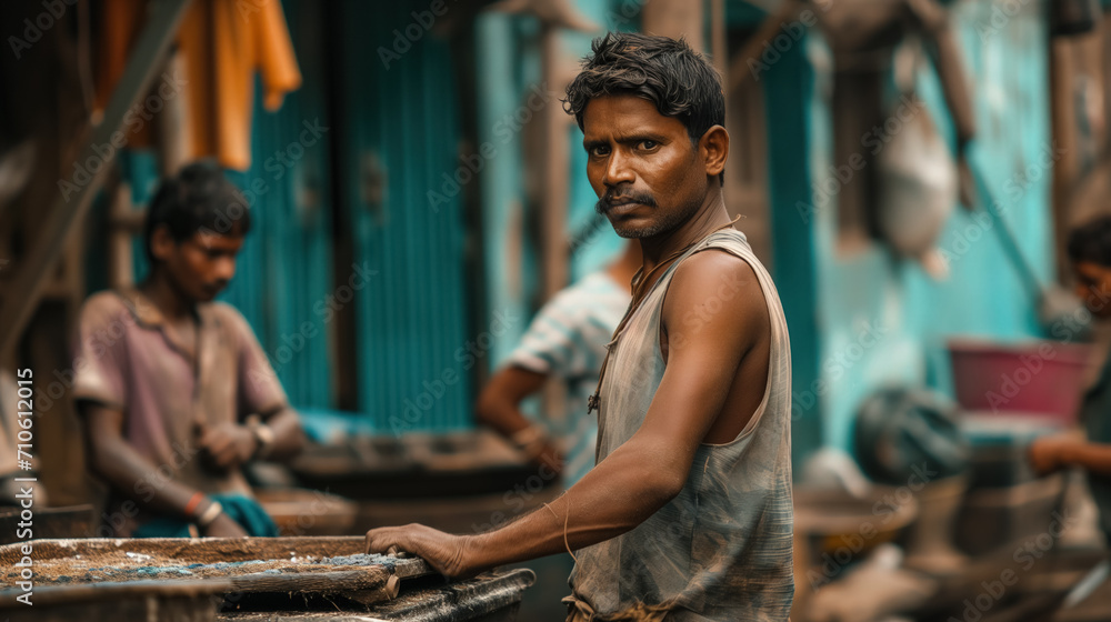 Man working amidst outdoor workshop setting. Man working amidst outdoor workshop setting.