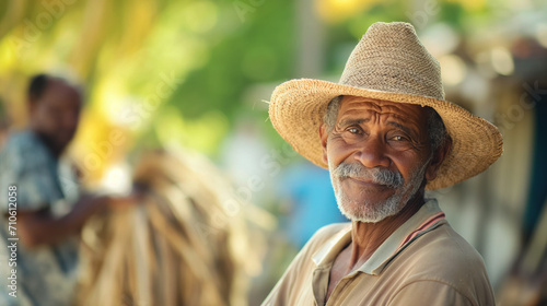 Smiling elderly man with a straw hat.