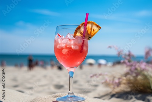 Invigorating Tropical Cocktail with Chilled Ice, Tranquil Beachscape, and Breathtaking Ocean Scenery