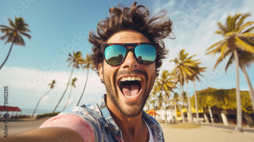 Happy tourist taking selfie outdoors with mobile phone during summer vacation
