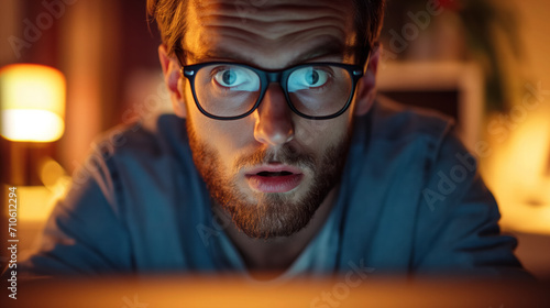 Shocked man staring at a computer screen. photo