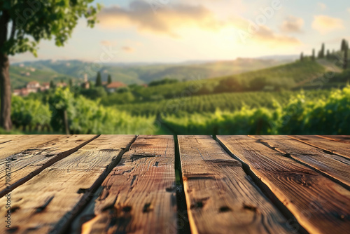 wood table top, on blurred landscape