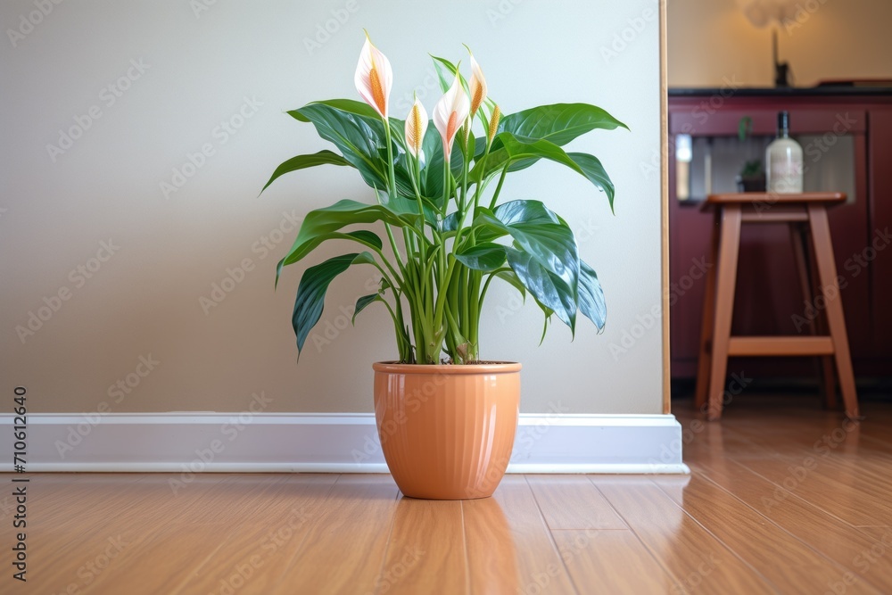 a terracotta pot with a peace lily on a wooden floor a terracotta pot with a peace lily on a wooden floor