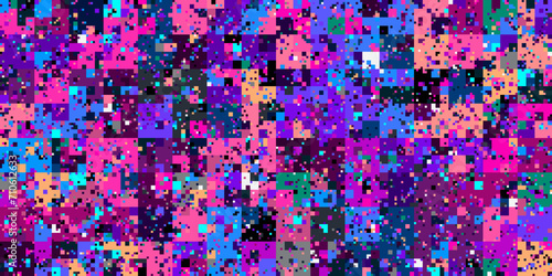 Seamless geometric pattern with flat pixelated layered multicolored random sized squares. Modern trendy technological rectangular pattern mosaic design for banner, poster, fabric print or textile