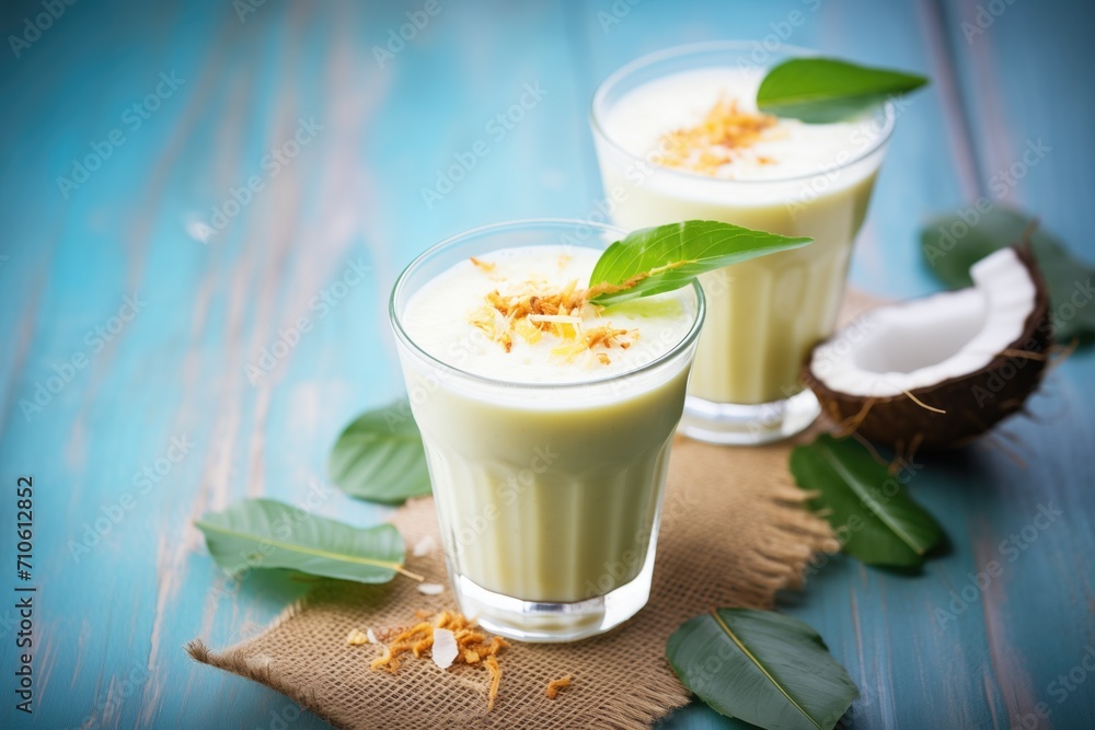 lassi with coconut shavings, tropical drink concept lassi with coconut shavings, tropical drink concept