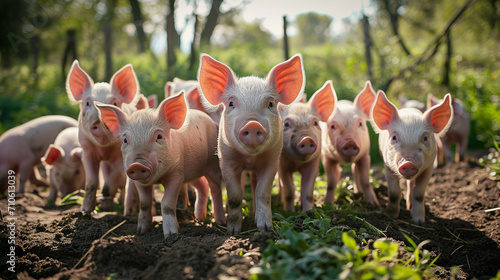 Flock of piglets, front view