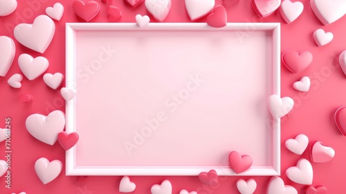 Valentine's Day background with hearts and frame on pink. Love and celebration. © Postproduction