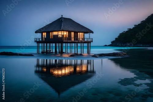 A solitary bungalow suspended above the serene ocean  its stilts creating a delicate pattern on the mirror-like water  reflecting the enchanting colors of twilight in stunning detail.