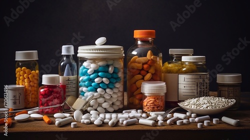 Medicine bottles and pills on a wooden table with black background. Assorted pills and capsules