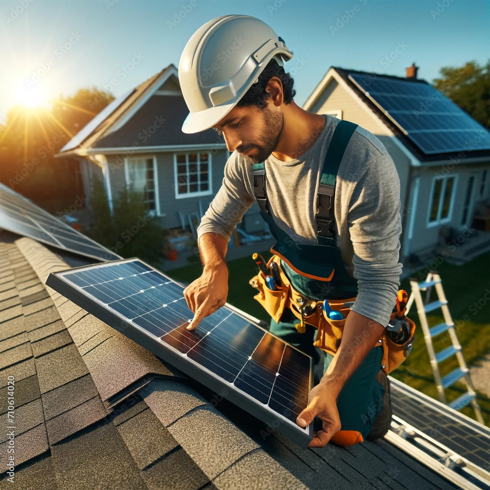 Technician installing solar panel on home roof at sunset for sustainable energy. Technician installing solar panel on home roof at sunset for sustainable energy.