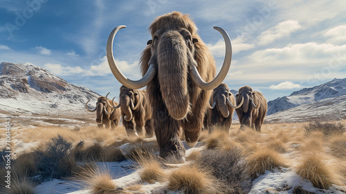 a herd of woolly mammoths in an ice age landscape.