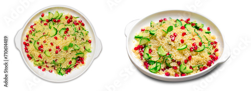 Couscous Salad with Pomegranate, Mint and Cucumbers on White Background