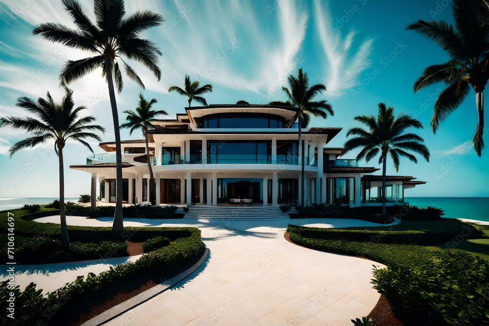 An expansive beachfront mansion with a palm-lined driveway, featuring a private boat dock and a breathtaking panorama of the endless ocean horizon.