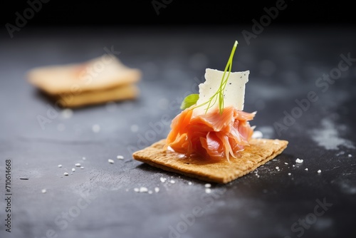 rye cracker with manchego, quince paste topping, slate board photo