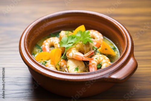 shrimp pil pil in a sizzling clay dish with herbs