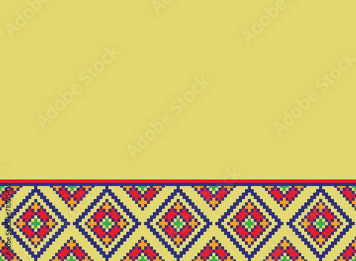  Ikat fabric pattern yellow pixel handicraft embroidery crochet Abstract Aztec symbol illustration geometric shape vector pattern Ethic native tribal background backdrop wallpaper clothing fashion 