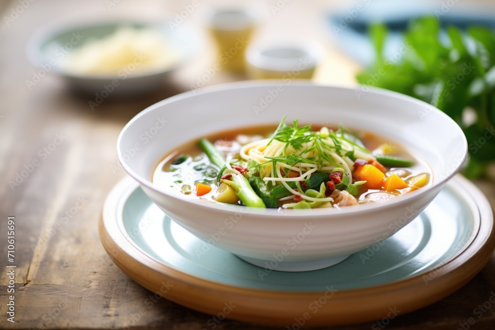 bowl of minestrone soup with pasta and vegetables bowl of minestrone soup with pasta and vegetables