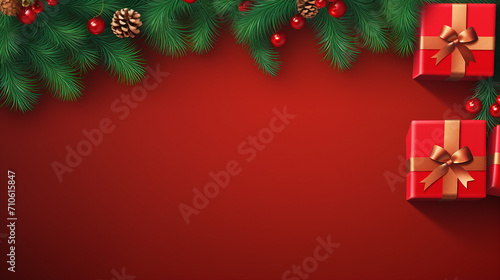 Festive Red Christmas Background with 3D Design Elements  Glowing Decorations  Gift Boxes  and Green Tree Branches. Traditional Holiday Composition for Merry Celebrations and Joyful Occasions.