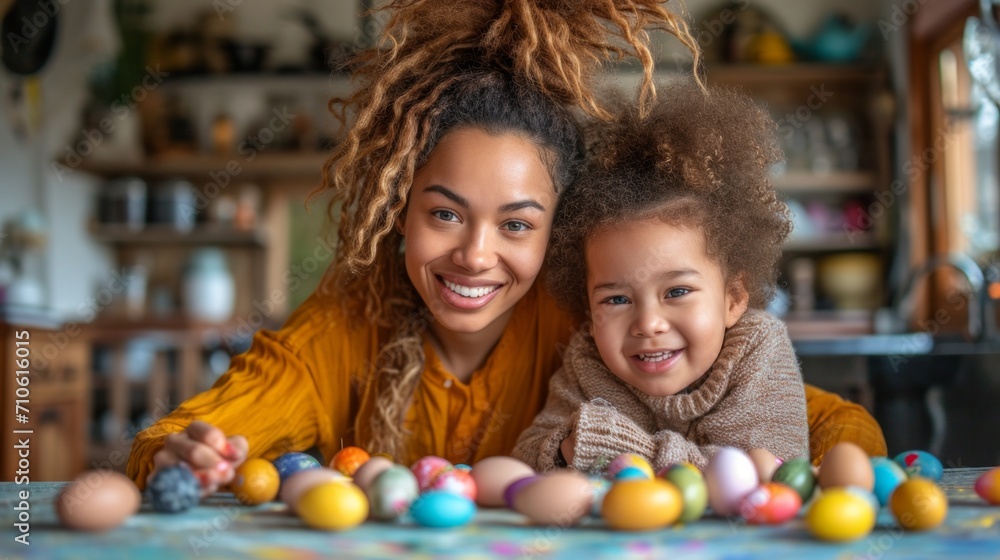 Obraz premium Easter time with family. Adorable girl wore bunny mask and help mom painting eggs. Spring decoration in kitchen