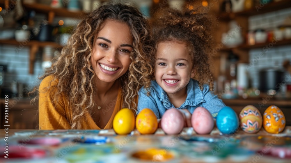 Easter time with family. Adorable girl wore bunny mask and help mom painting eggs. Spring decoration in kitchen Easter time with family. Adorable girl wore bunny mask and help mom painting eggs. Spring decoration in kitchen