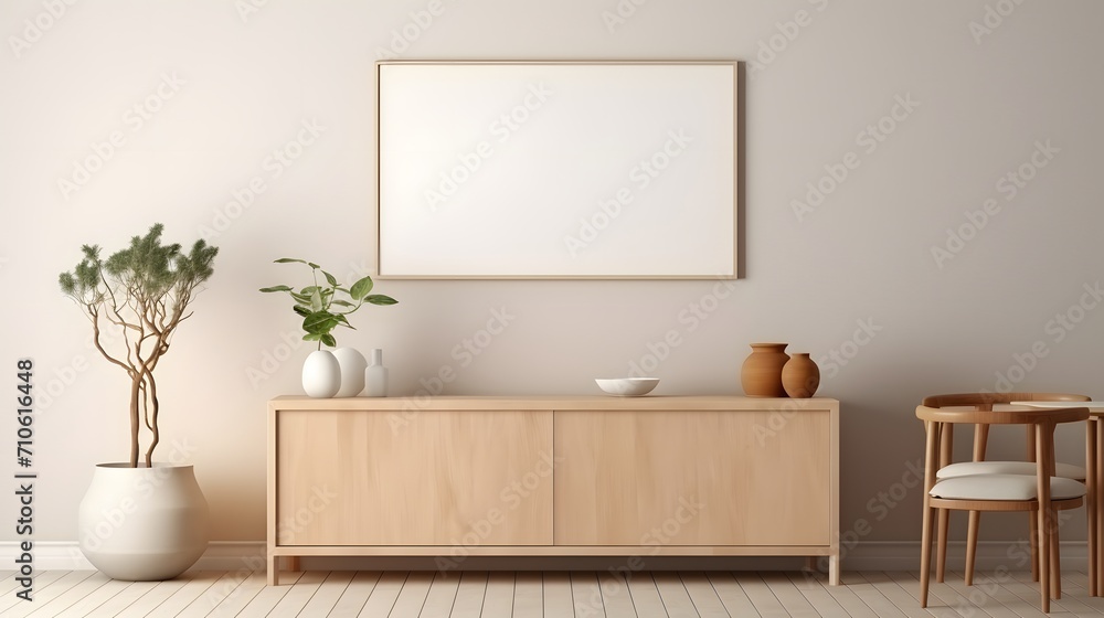 Beige living room interior with sideboard and dining table, mockup frame