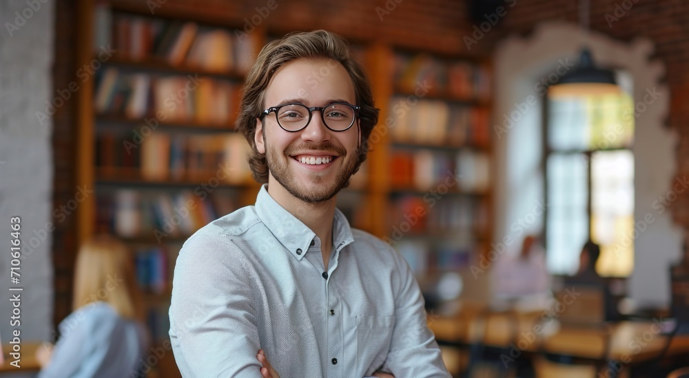 Fototapeta premium a smiling man in glasses standing in front of class