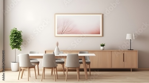 Beige living room interior with sideboard and dining table, mockup frame