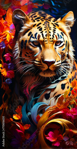 A beautifully designed leopard emerges  adorned with the vibrant colors of the electromagnetic spectrum  reflecting complex patterns of electromagnetic wavelengths.