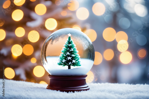 Christmas glass ball with tree in it on winter background
