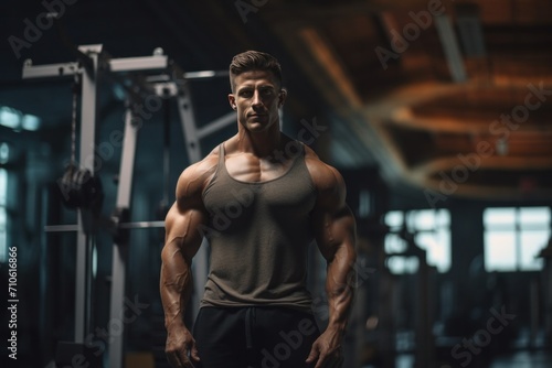 a muscular man in a gym posing