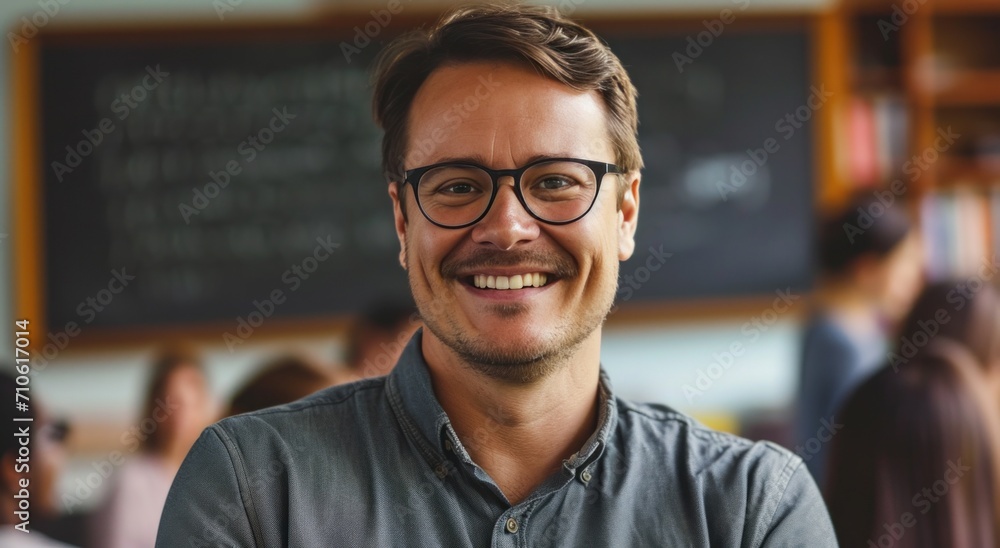 Obraz premium a smiling man in glasses standing in front of class